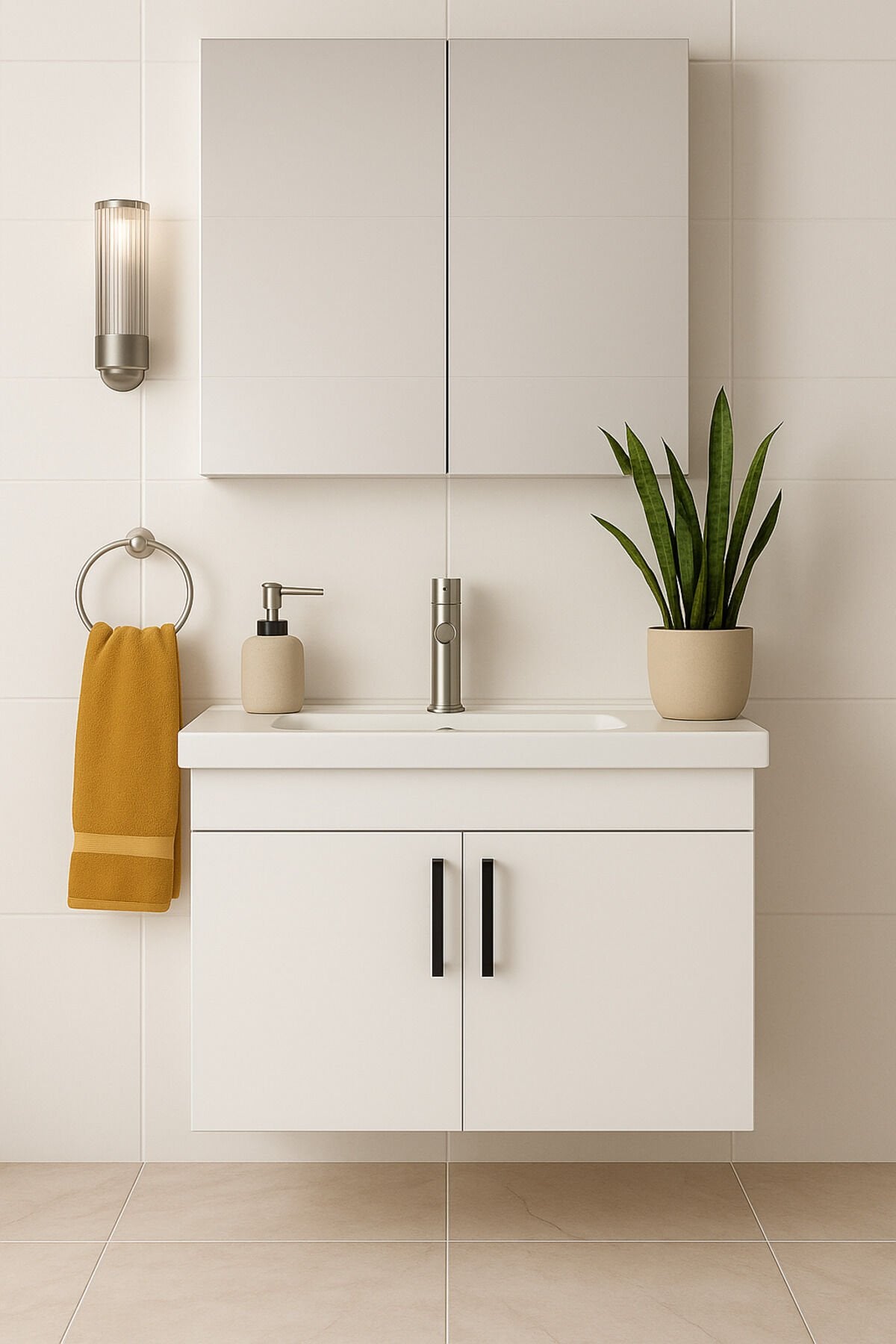 Liventa 65 cm Banyo Dolabı Takımı, Beyaz Renkli, Seramik Lavabolu, Tamamı MDF