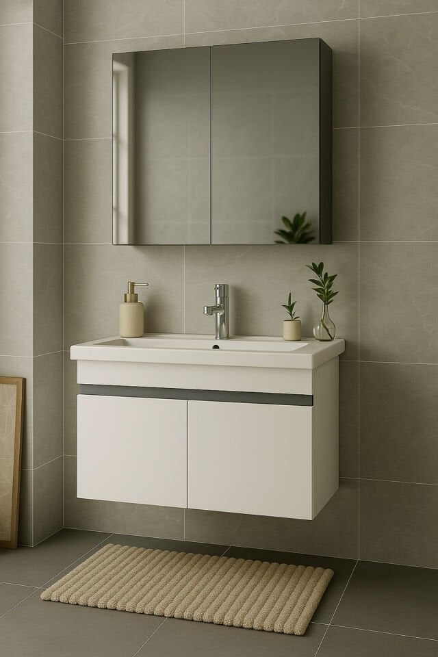 Arista 80CM Beyaz Renkli Mdf, Seramik Lavabolu, Alt ve Üst  Dolaplı, Üst Aynalı, Banyo Dolabı Takımı