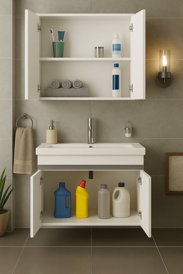 Arista 80CM Beyaz Renkli Mdf, Seramik Lavabolu, Alt ve Üst  Dolaplı, Üst Aynalı, Banyo Dolabı Takımı