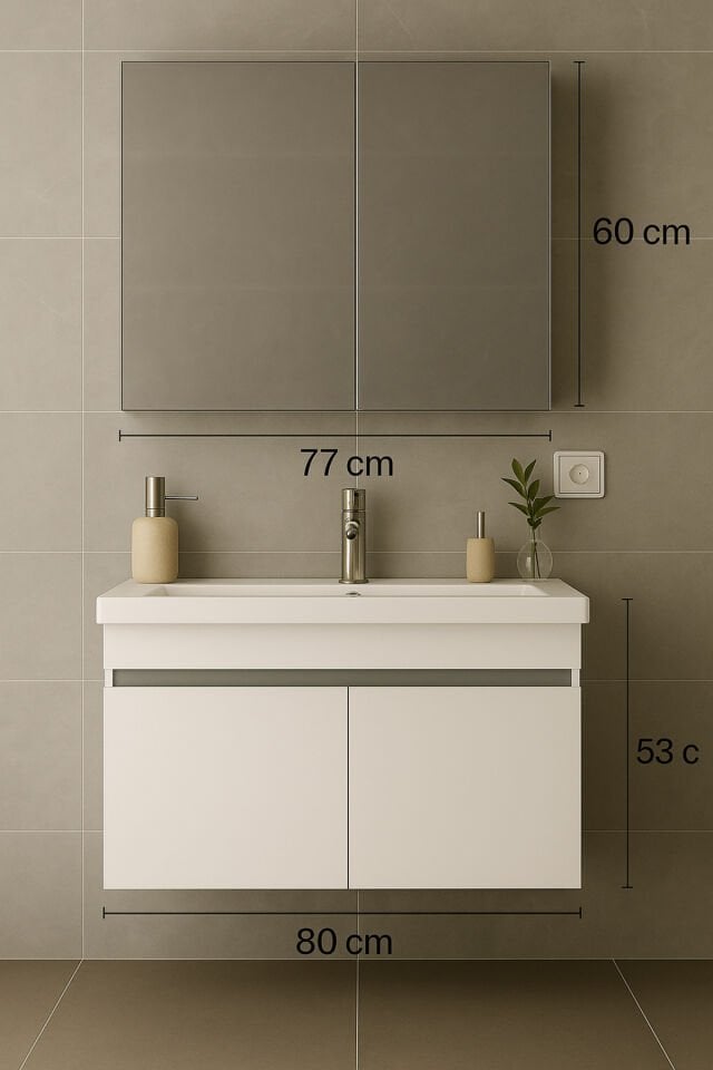 Arista 80 cm Banyo Dolabı Takımı, Beyaz Renkli, Seramik Lavabolu, Tamamı MDF
