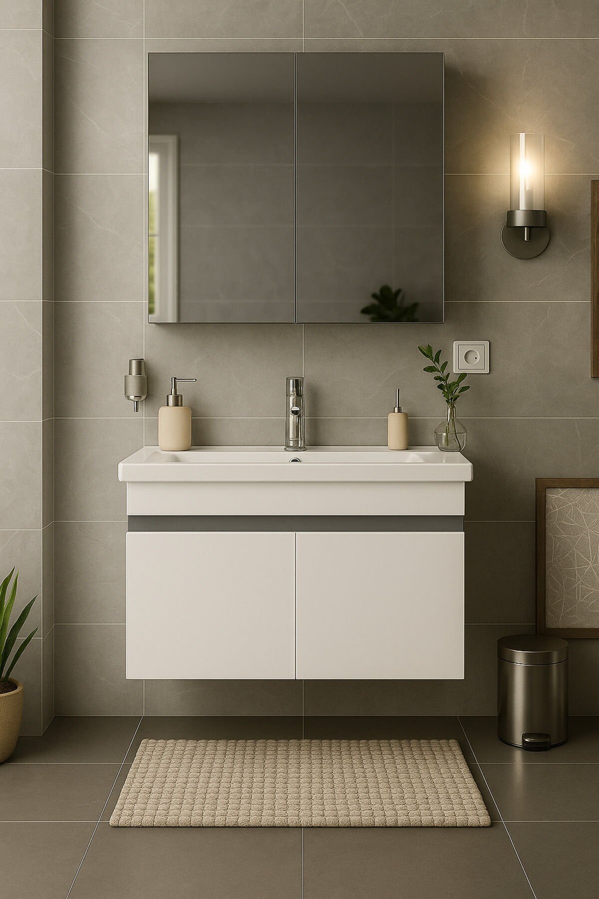 Arista 80CM Beyaz Renkli Mdf, Seramik Lavabolu, Alt ve Üst  Dolaplı, Üst Aynalı, Banyo Dolabı Takımı