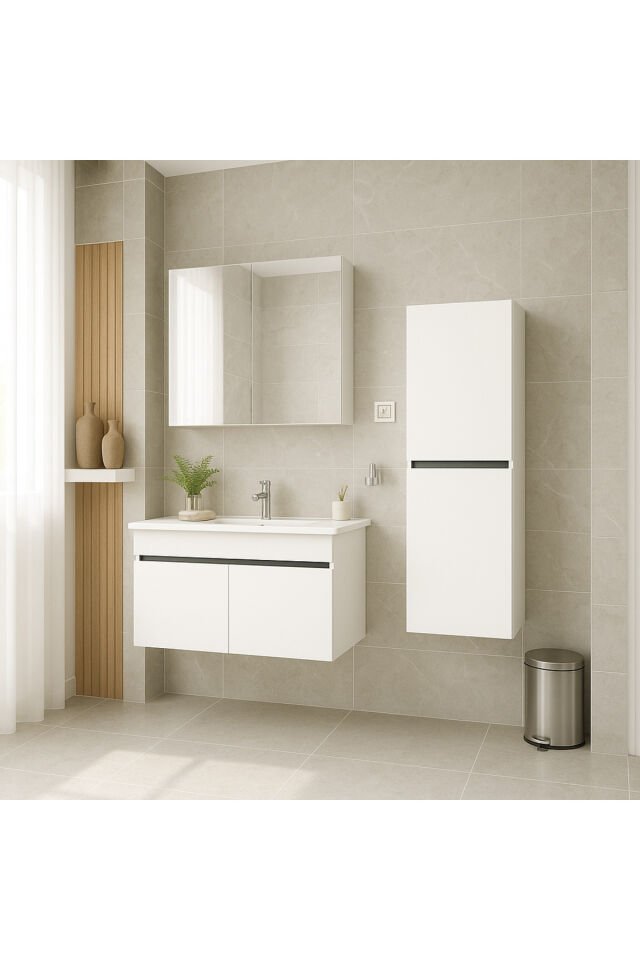 Arista 80CM Beyaz Renkli Mdf, Seramik Lavabolu, Alt - Üst ve Boy Dolaplı, Banyo Dolabı Seti