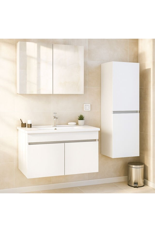 Arista 80 cm Banyo Dolabı Seti, Beyaz Renkli, Boy Dolaplı, Seramik Lavabolu, Tamamı MDF