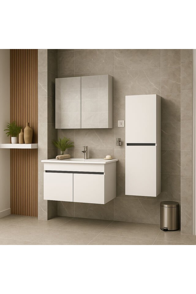 Arista 80CM Beyaz Renkli Mdf, Seramik Lavabolu, Alt - Üst ve Boy Dolaplı, Banyo Dolabı Seti