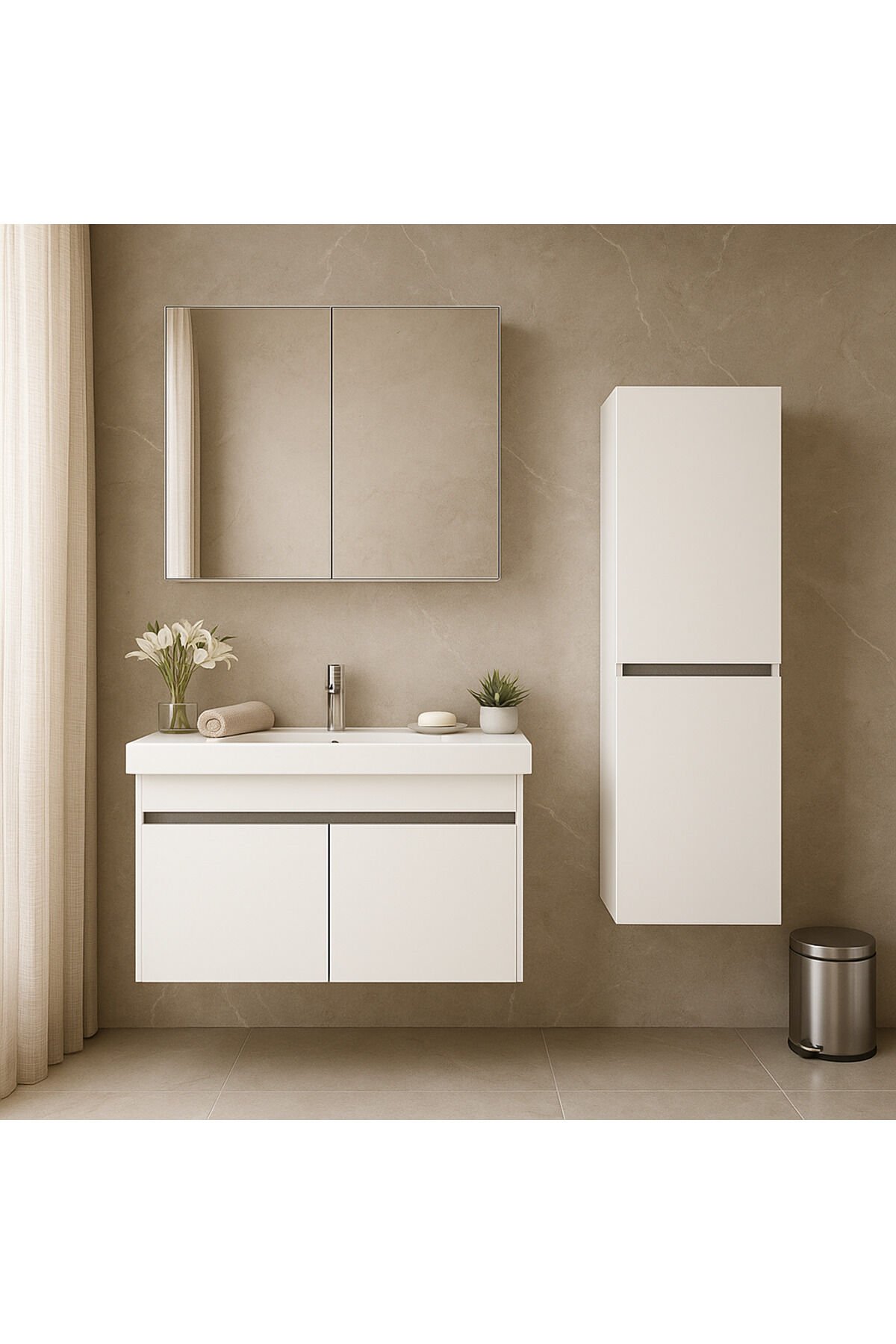 Arista 80CM Beyaz Renkli Mdf, Seramik Lavabolu, Alt - Üst ve Boy Dolaplı, Banyo Dolabı Seti