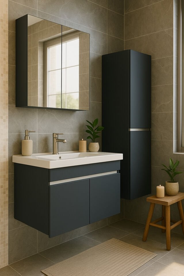 Arista 80 Cm Antrasit Renkli Mdf, Seramik Lavabolu Alt - Üst Ve Boy Dolaplı, Banyo Dolabı Seti