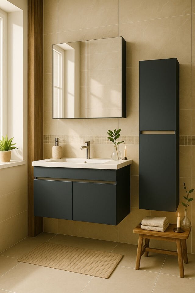 Arista 80 Cm Antrasit Renkli Mdf, Seramik Lavabolu Alt - Üst Ve Boy Dolaplı, Banyo Dolabı Seti