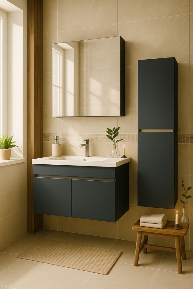 Arista 80 Cm Antrasit Renkli Mdf, Seramik Lavabolu Alt - Üst Ve Boy Dolaplı, Banyo Dolabı Seti