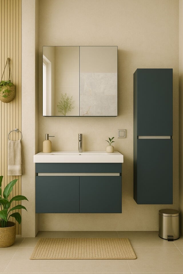 Arista 80 Cm Antrasit Renkli Mdf, Seramik Lavabolu Alt - Üst Ve Boy Dolaplı, Banyo Dolabı Seti