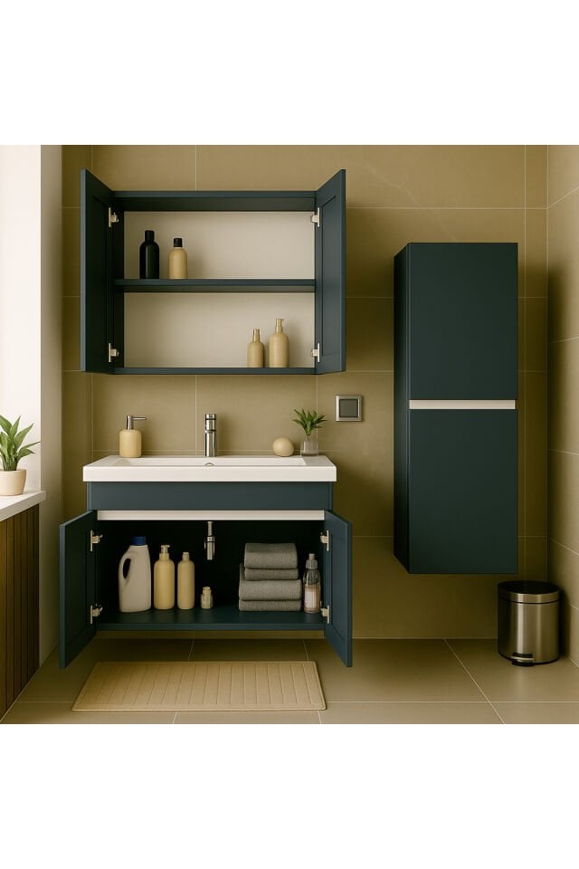 Arista 80 Cm Antrasit Renkli Mdf, Seramik Lavabolu Alt - Üst Ve Boy Dolaplı, Banyo Dolabı Seti