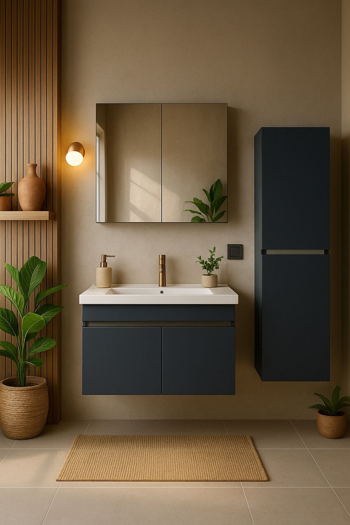 Arista 80 cm Banyo Dolabı Seti, Antrasit Renkli, Boy Dolaplı, Seramik Lavabolu, Tamamı MDF