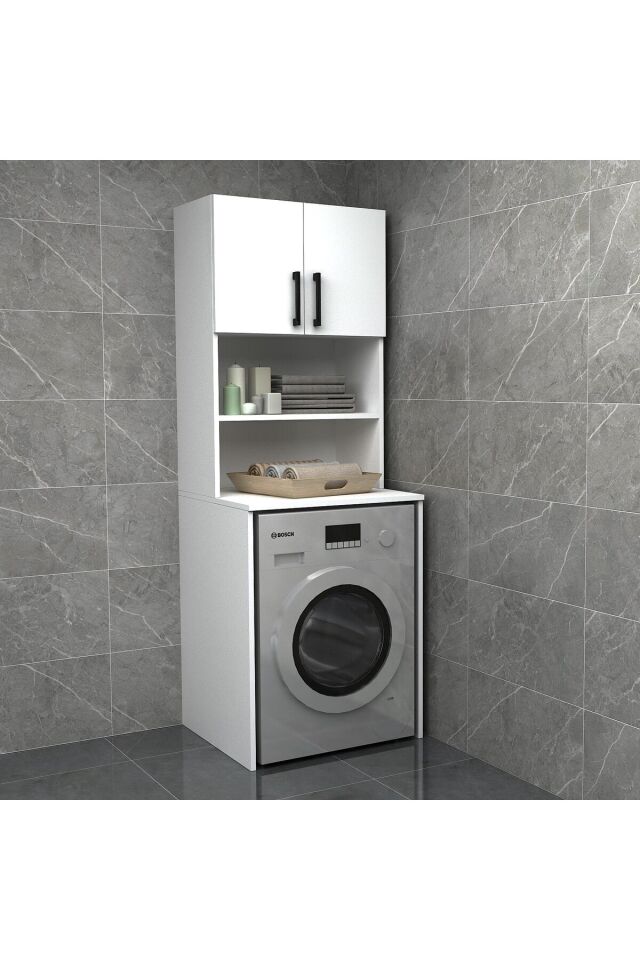 Çamaşır Makinesi Dolabı, Çok Amaçlı Dolabı, Raflı Kapaklı Beyaz renkli MDF lam