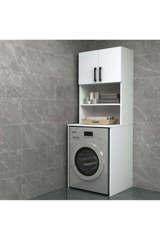 Çamaşır Makinesi Dolabı, Çok Amaçlı Dolabı, Raflı Kapaklı Beyaz renkli MDF lam