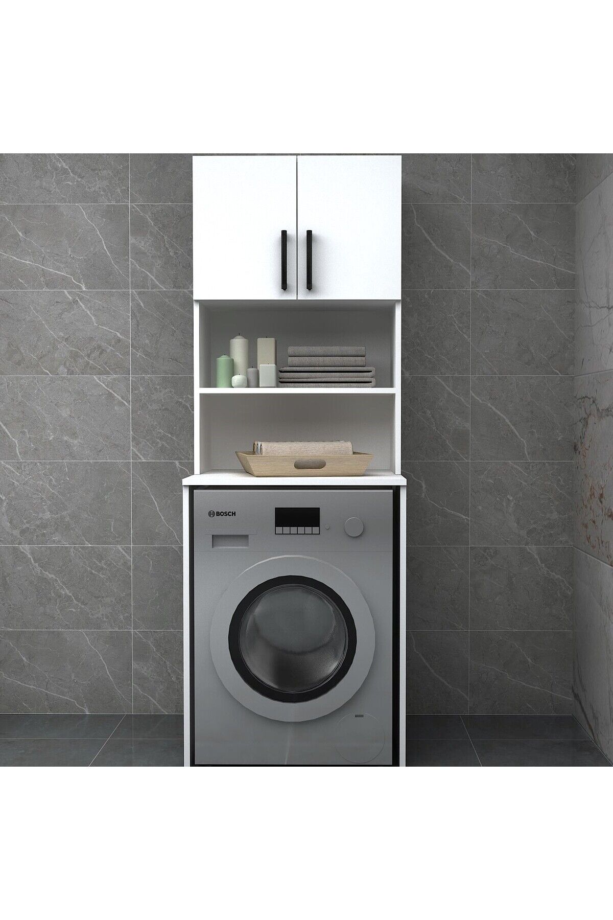 Çamaşır Makinesi Dolabı 180x60 cm, Raflı Kapaklı Çok Amaçlı Depolama Dolabı, Beyaz MDF