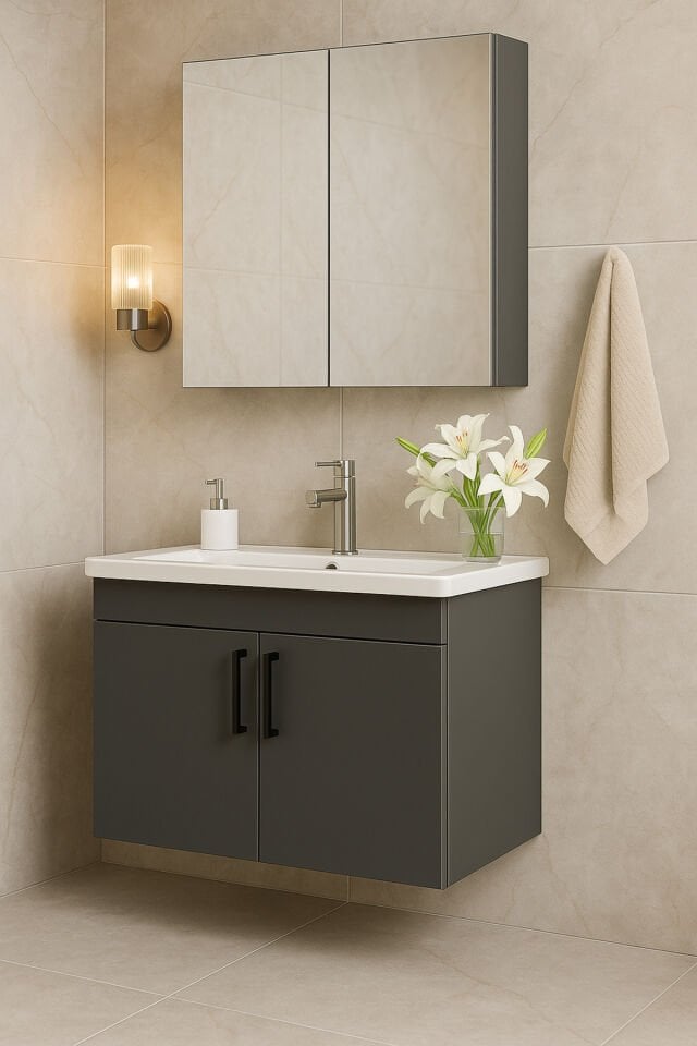 Liventa 65 cm Banyo Dolabı Takımı, Antrasit Renkli, Seramik Lavabolu, Tamamı MDF