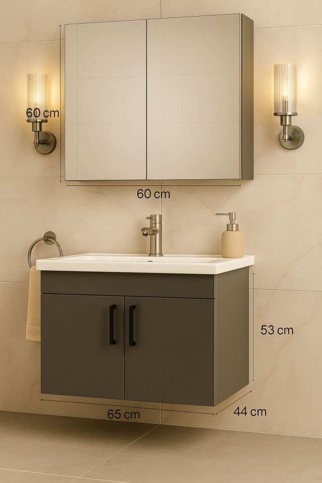 Liventa 65 cm Antrasit renkli, Seramik Lavabolu, MDF Banyo Dolabı Takımı