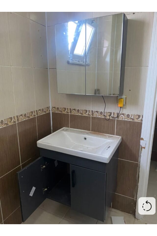 Liventa 65 cm Banyo Dolabı Takımı, Antrasit Renkli, Seramik Lavabolu, Tamamı MDF