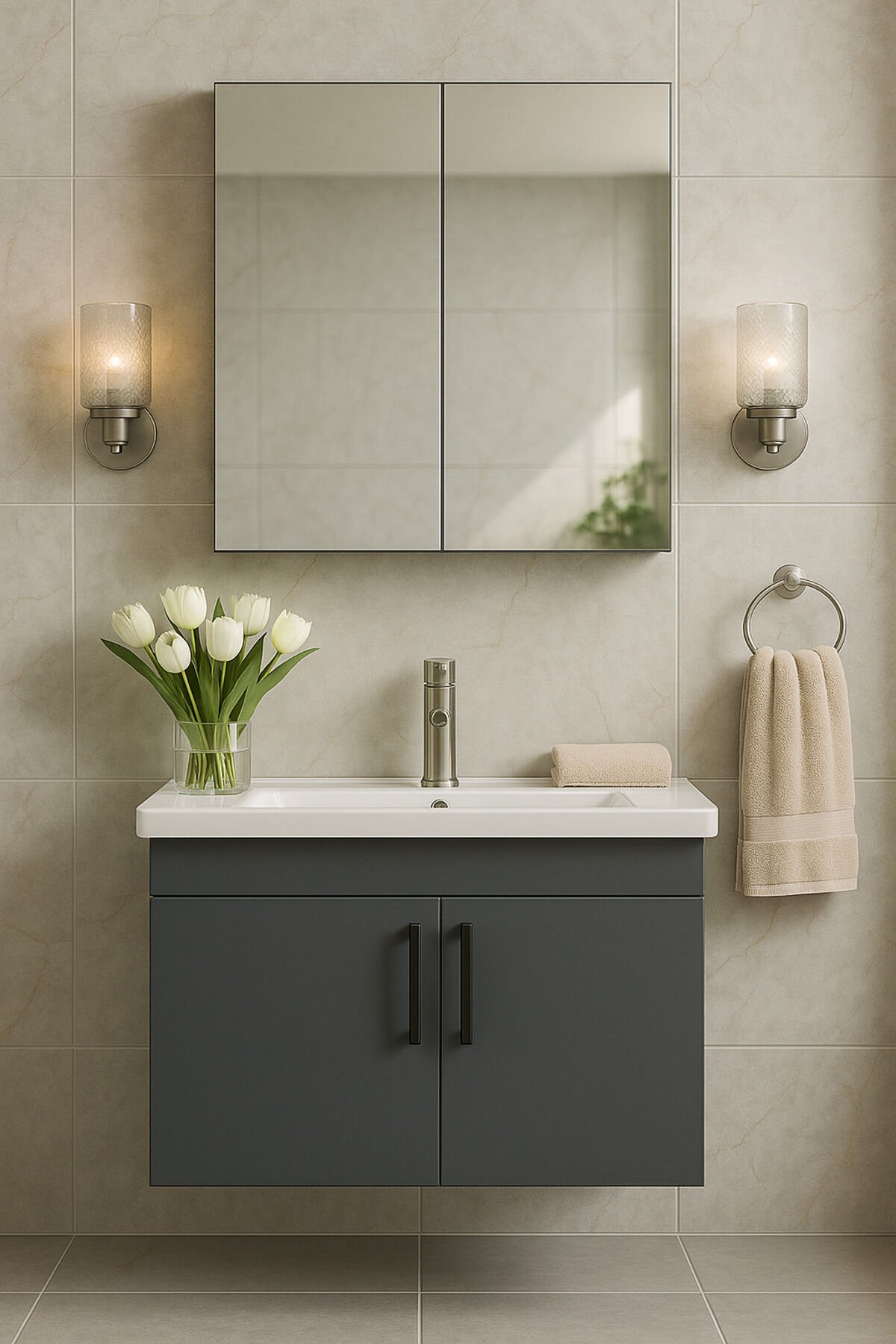 Liventa 65 cm Banyo Dolabı Takımı, Antrasit Renkli, Seramik Lavabolu, Tamamı MDF
