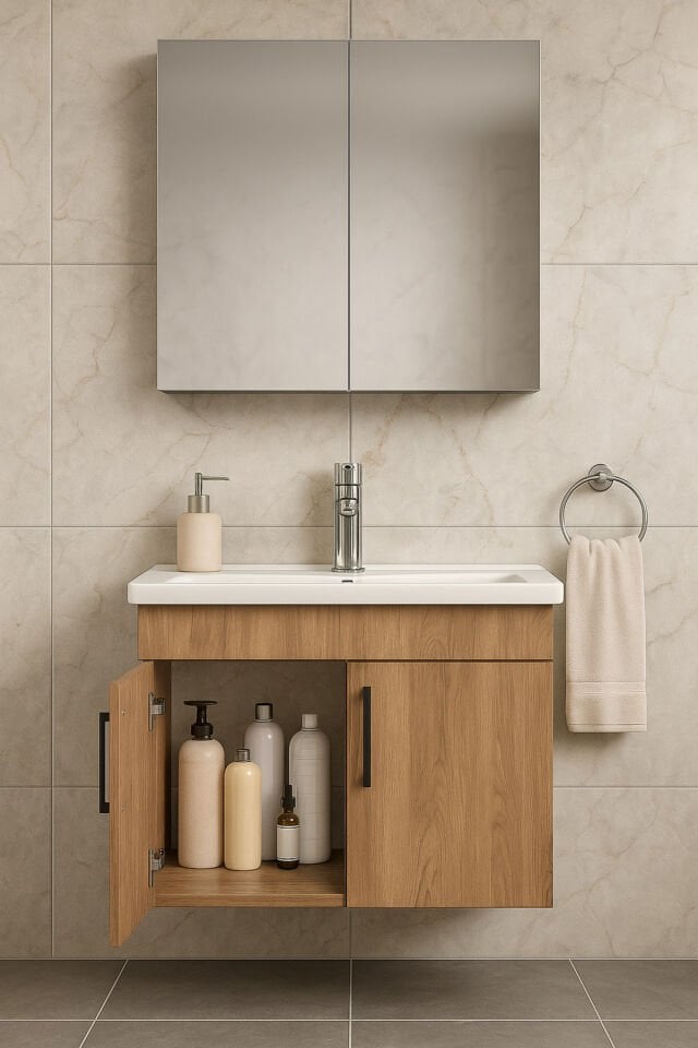 Liventa 65 Cm Ahşap Renkli, Seramik Lavabolu, Mdf Banyo Dolabı Takımı