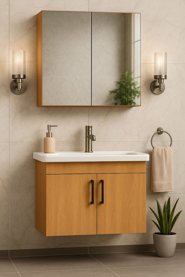 Liventa 65 cm Banyo Dolabı Takımı, Ahşap Renkli, Seramik Lavabolu, Tamamı MDF