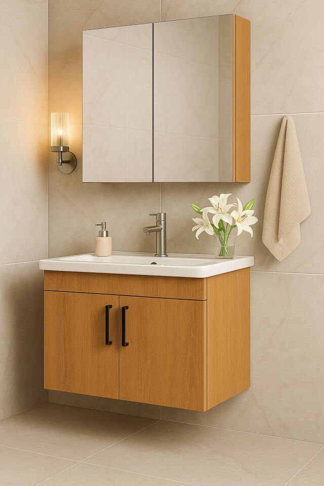 Liventa 65 Cm Ahşap Renkli, Seramik Lavabolu, Mdf Banyo Dolabı Takımı