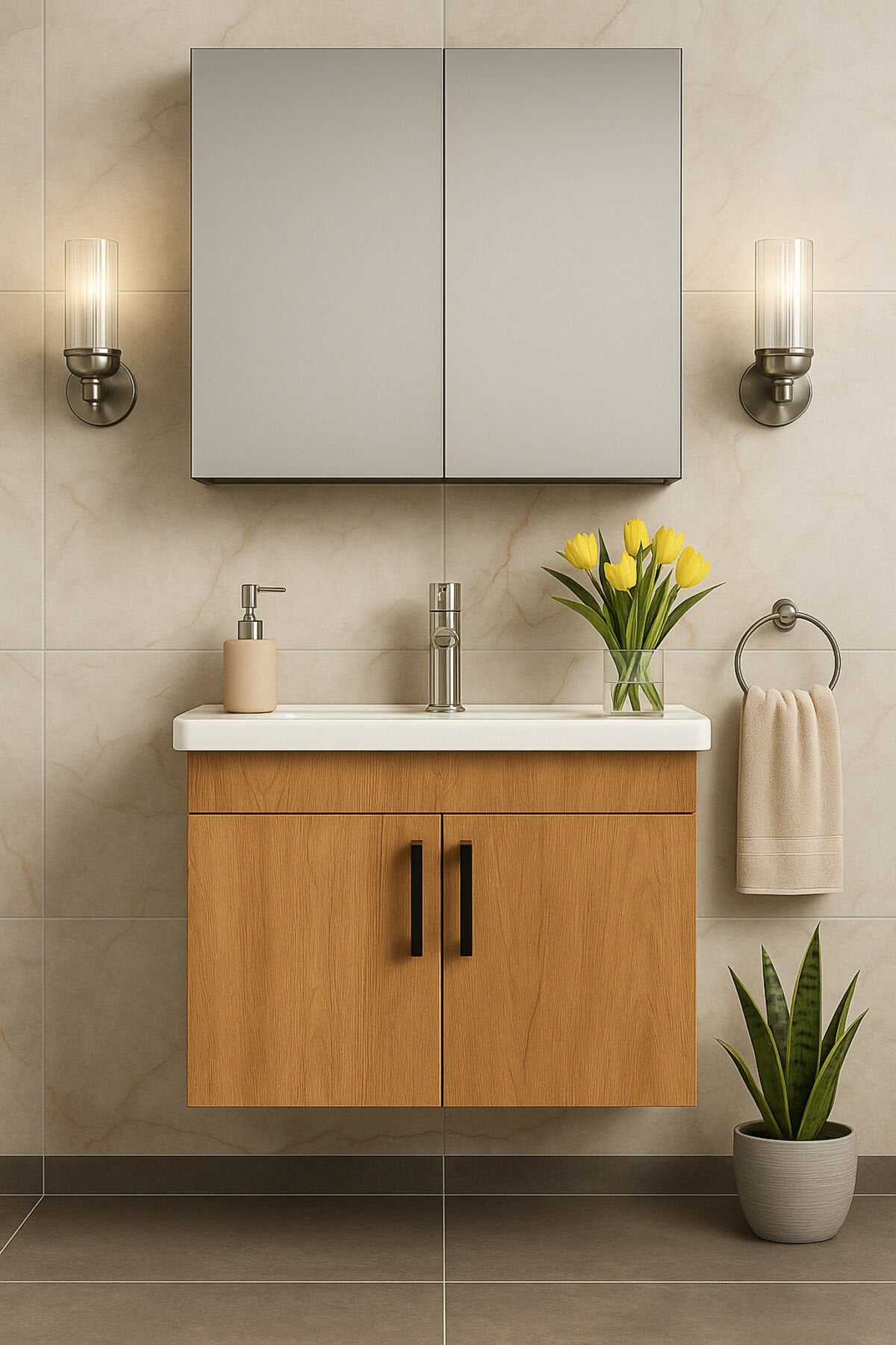 Liventa 65 cm Banyo Dolabı Takımı, Ahşap Renkli, Seramik Lavabolu, Tamamı MDF